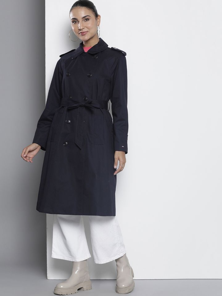 Tommy Hilfiger Solid Pure Cotton Double Breasted Trench Coat Comes With A Belt