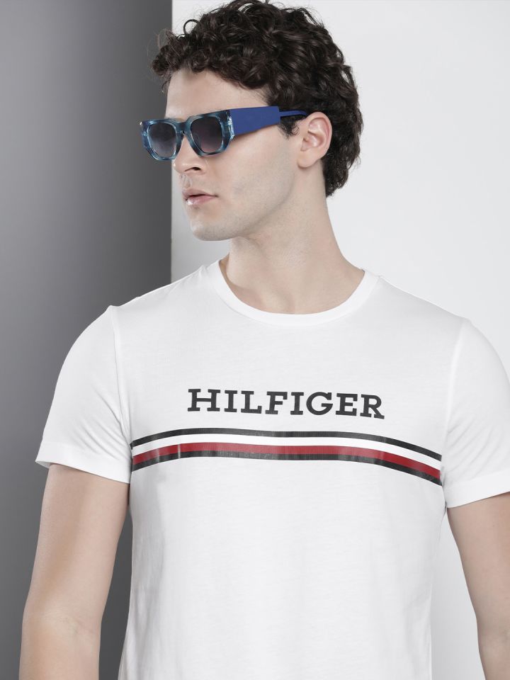 Tommy Hilfiger Brand Logo Printed Striped Pure Cotton Slim Fit Sustainable T shirt