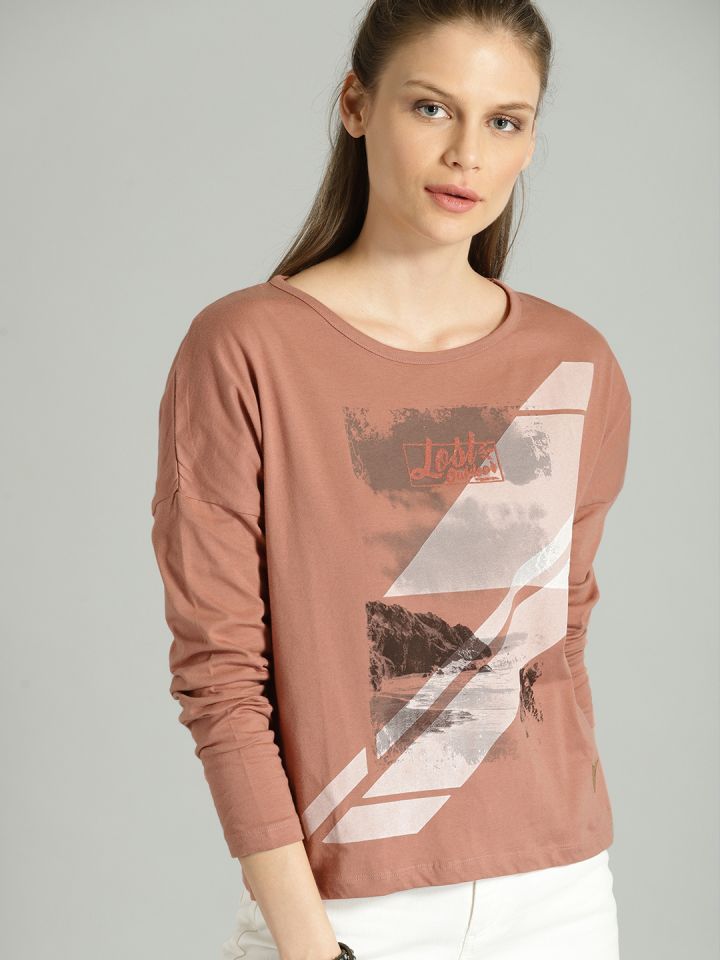 Roadster Women Mauve Pink 3 4 Sleeve Graphic Print Pure Cotton T shirt
