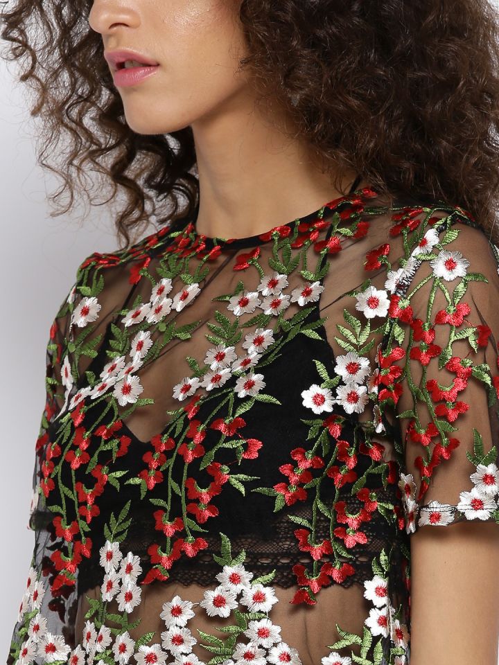 FOREVER 21 Women Black Sheer Embroidered Crop Top