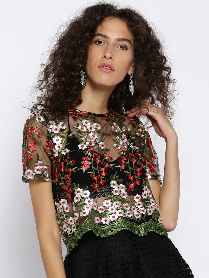 Black sheer hotsell embroidered top
