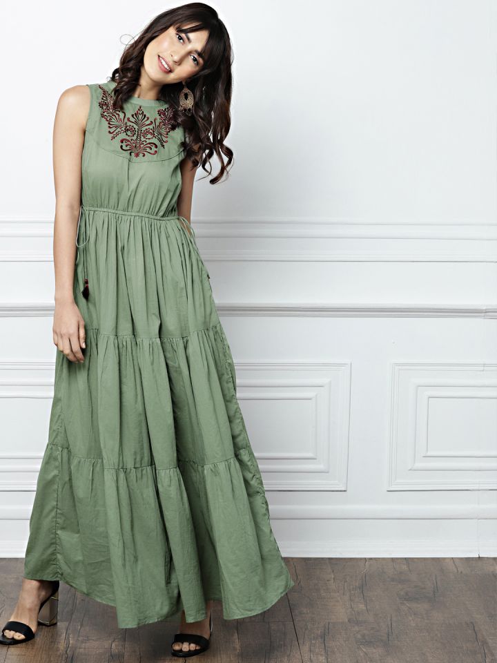 Buy All About You Olive Green Solid Maxi Dress With Embroidery