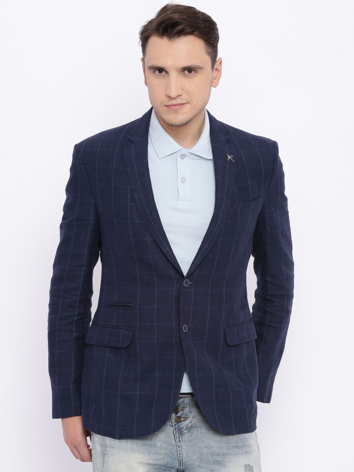 Buy Van Heusen Sport Men Navy Blue Checked Slim Fit Formal Blazer