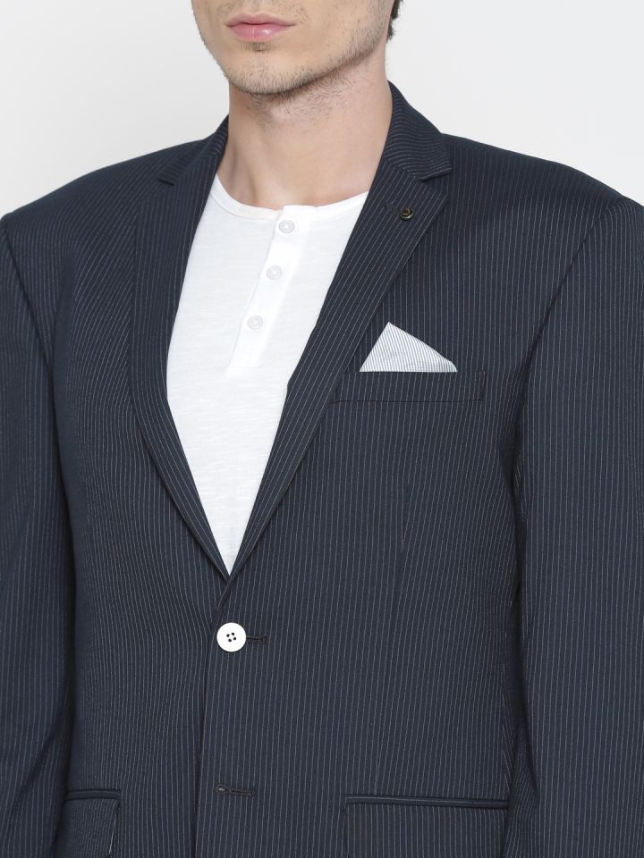 Allen Solly Navy Blue Striped Single Breasted Slim Wimbledon Casual Blazer