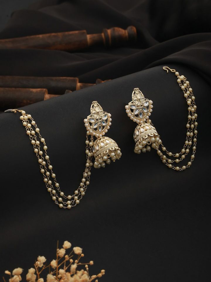 Aadvik Designs Gold Plated Dome Shaped Beaded Jhumkas With Ear Chain