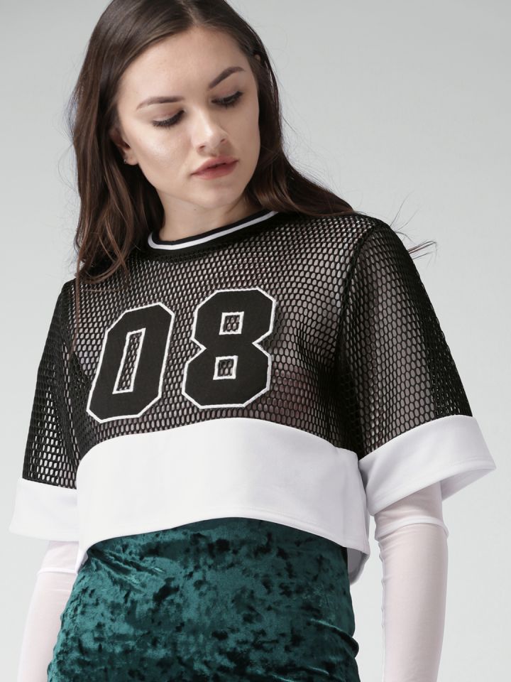 FOREVER 21 Women Black Mesh Crop T shirt