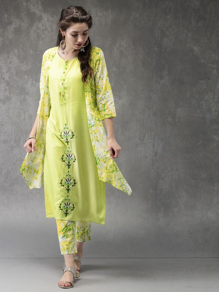 Lime Green Printed Kurta With Trousers 