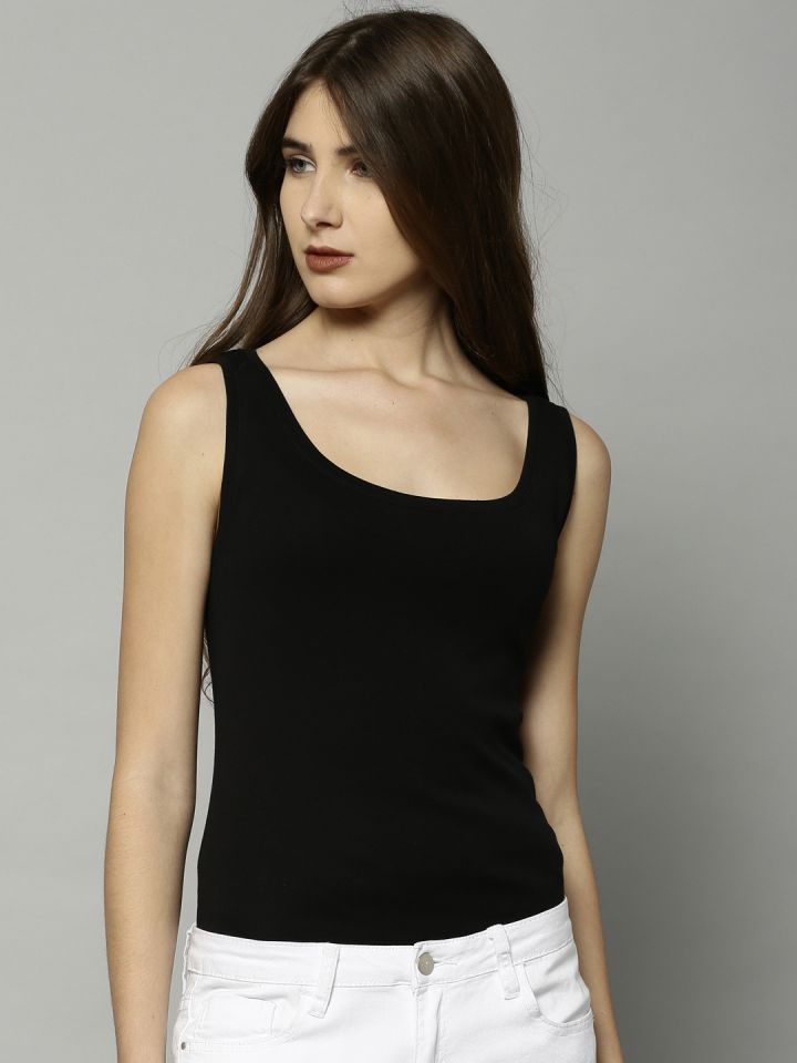 Marks & Spencer Women Black Solid Tank Pure Cotton Top