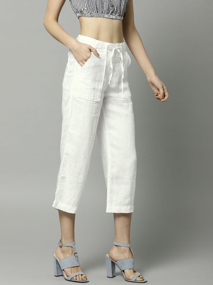 Ladies Linen 34 Crop Trousers  White