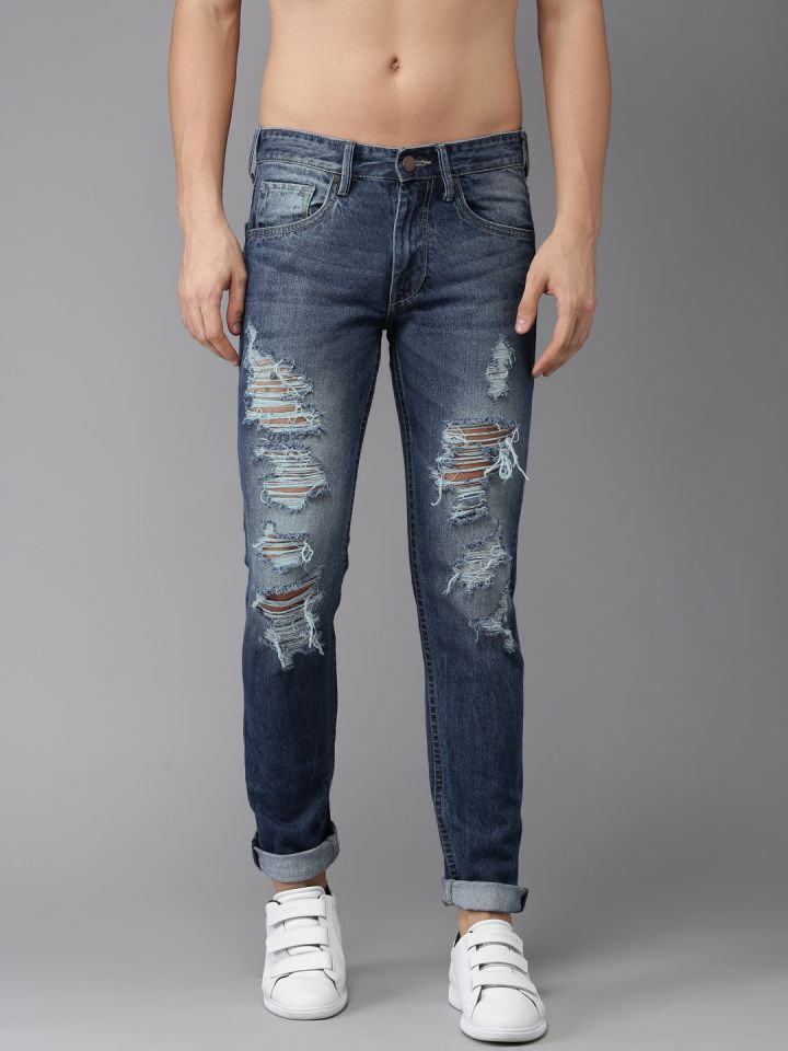 HERE NOW Men Blue Slim Fit Mid Rise Highly Distressed Jeans