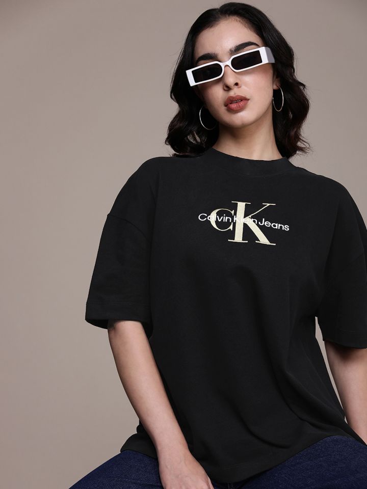 Buy Calvin Klein Jeans Brand Logo Embroidered Drop Shoulder Sleeves Pure  Cotton T Shirt - Tshirts for Women 23823410