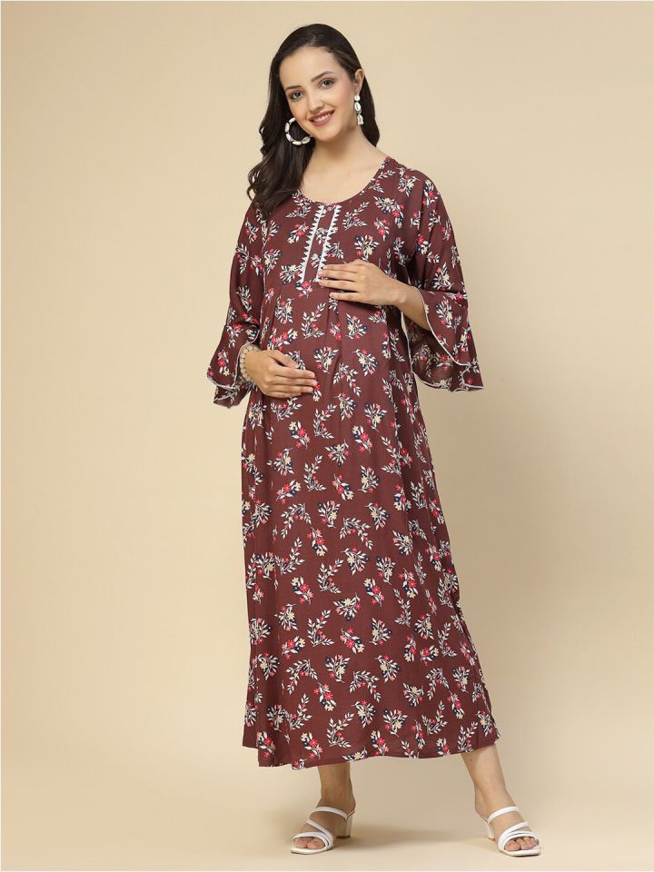 Buy Sweet Dreams Brown Floral Printed Bell Sleeves Pleated