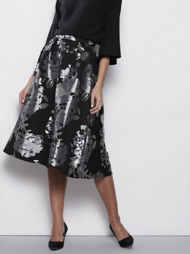 Buy DOROTHY PERKINS Black Silver Floral Pattern Midi Flared
