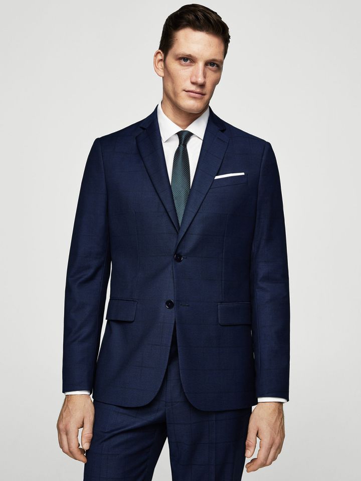 Buy MANGO MAN Navy Blue Checked Single Breasted Slim Fit Formal
