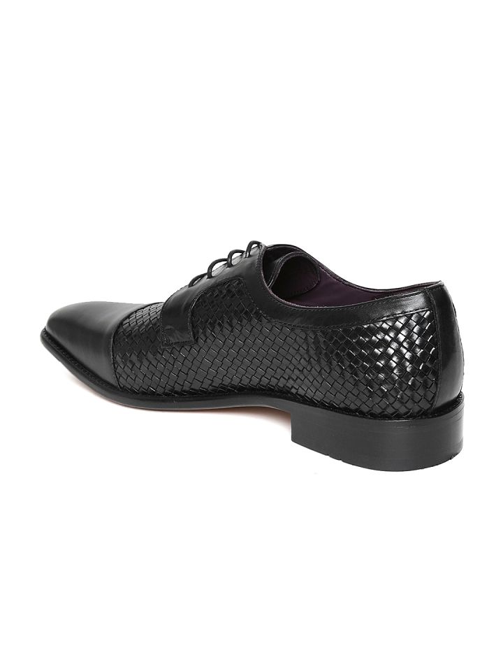 Luxure by Louis Philippe Men Black Leather Basketweave Textured Formal Derbys