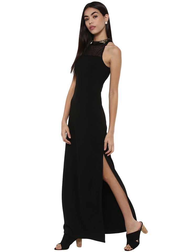 Buy Kazo Women Black Solid Maxi Dress 