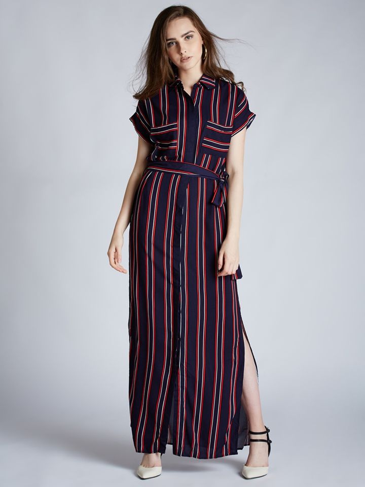 Buy Harpa Women Navy Blue Striped Maxi 