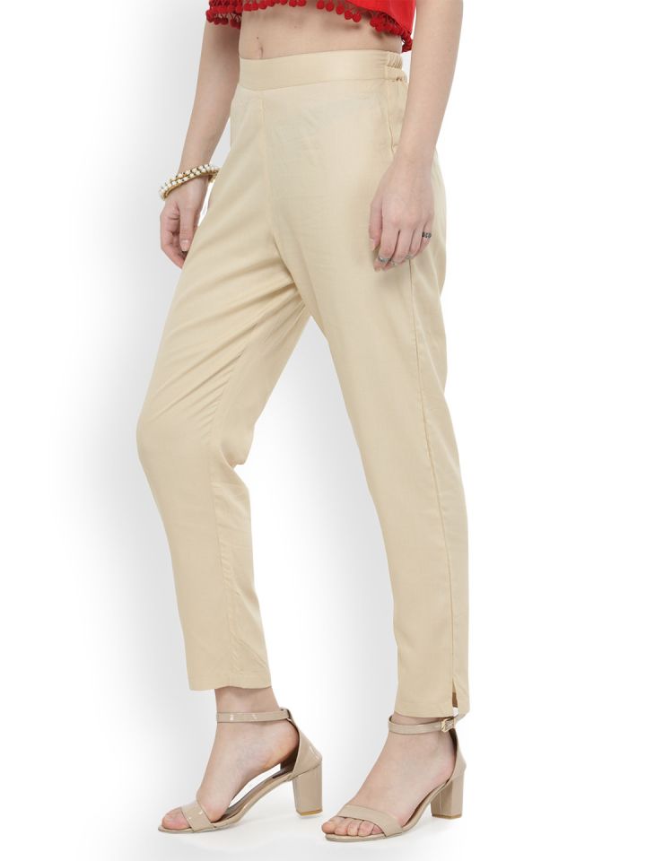 Buy INDYA Gold Toned Silk Cigarette Trousers  Trousers for Women 1839927   Myntra