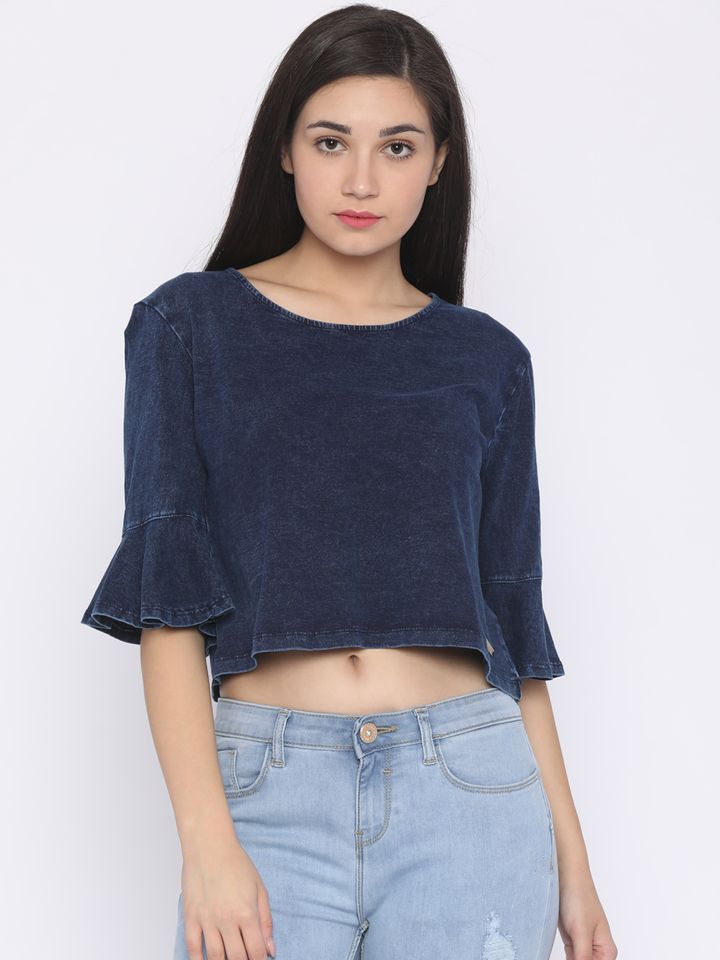Blue Solid Regular Crop Pure Cotton 