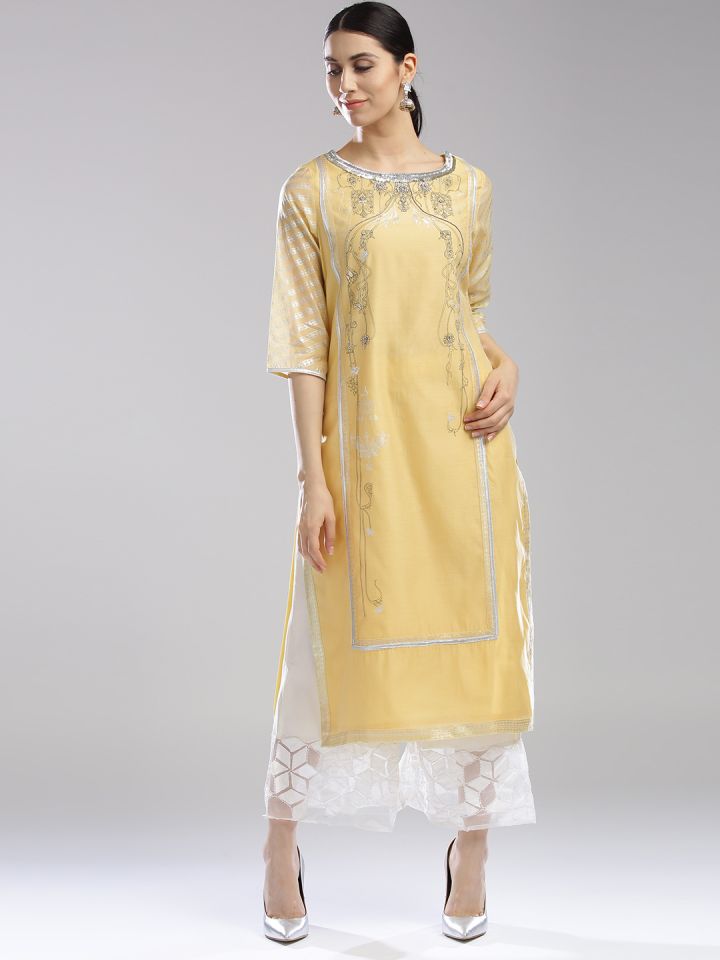 W Women Yellow Printed Straight Kurta
