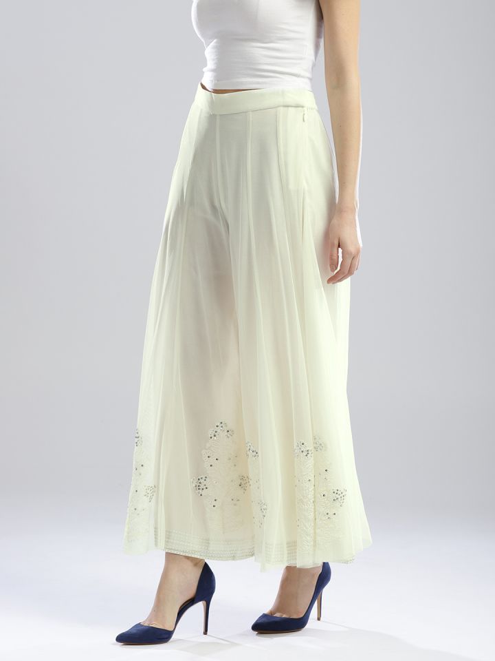 W Women Off White Flared Solid Net Palazzos