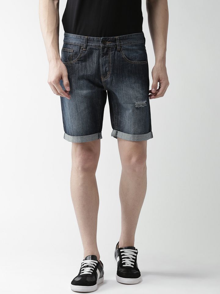 Men Navy Washed Denim Shorts - Shorts 