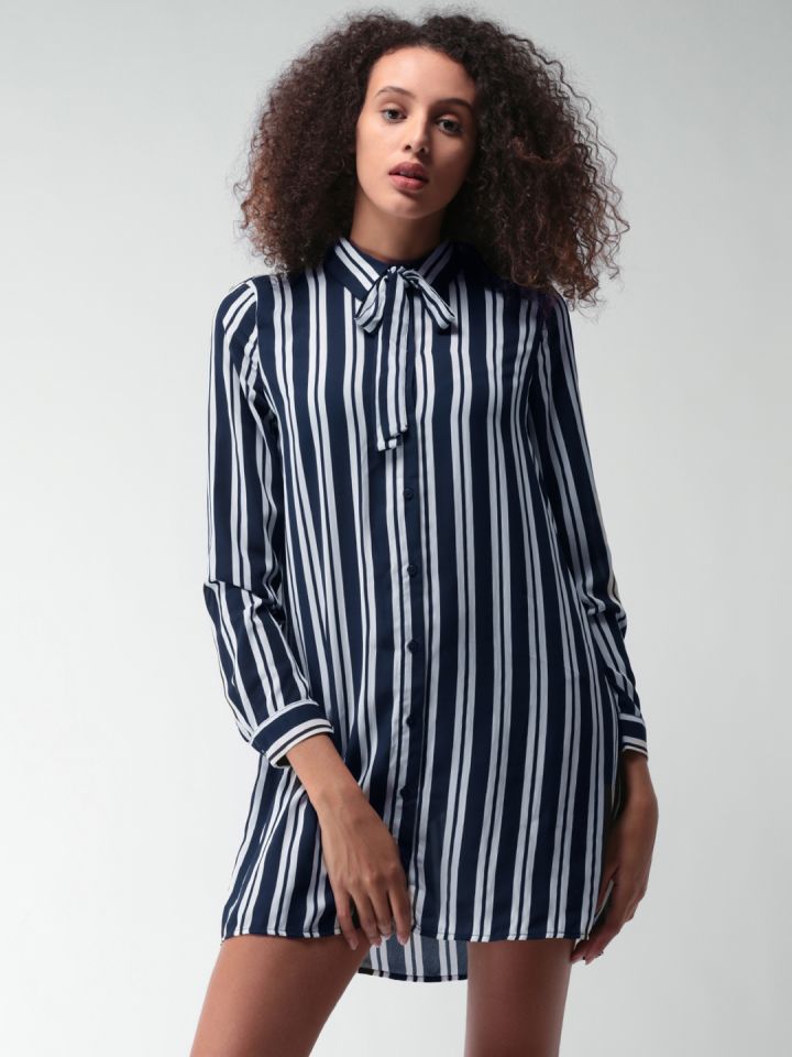 FOREVER 21 Women Navy Blue Striped Shirt Dress