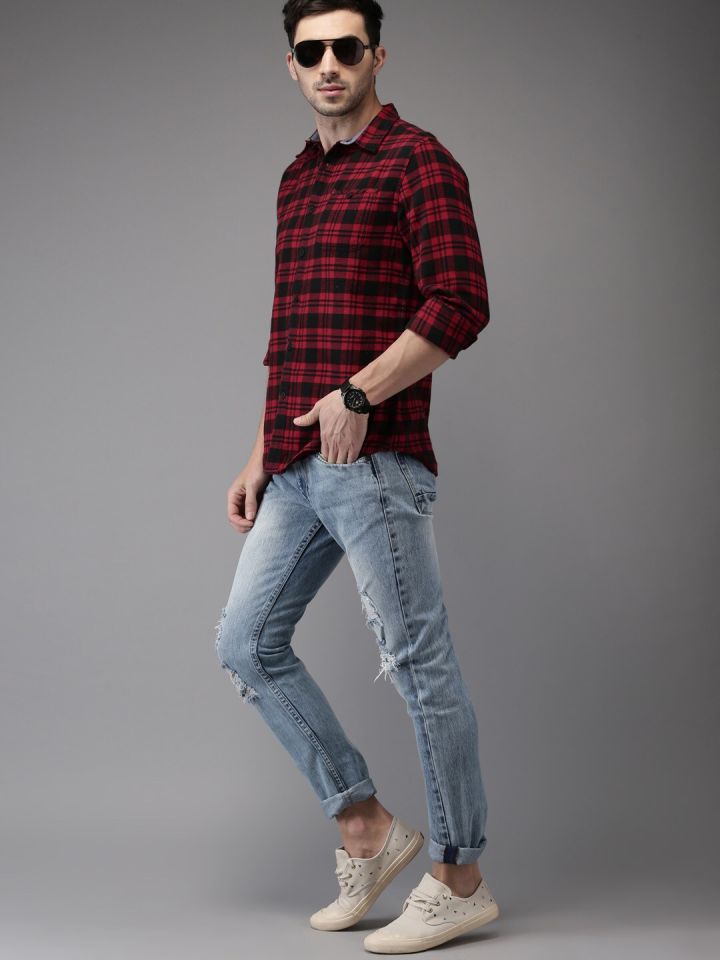Buy HERE NOW Men Red Black Checked Pure Cotton Sustainable