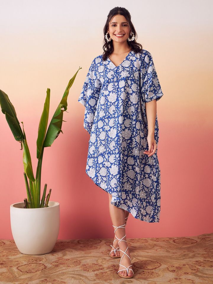 Buy Stories Of Dori Floral Printed High Low Kaftan Midi Cotton