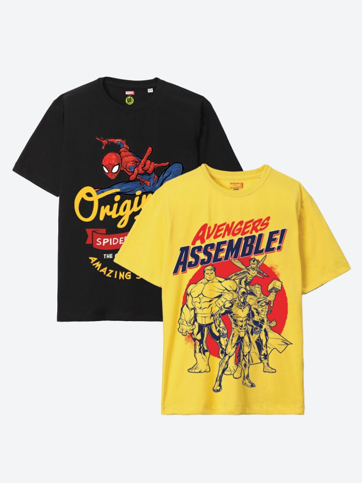 YK Marvel Boys Pack Of 2 Avengers Spiderman Printed Pure Cotton T shirt