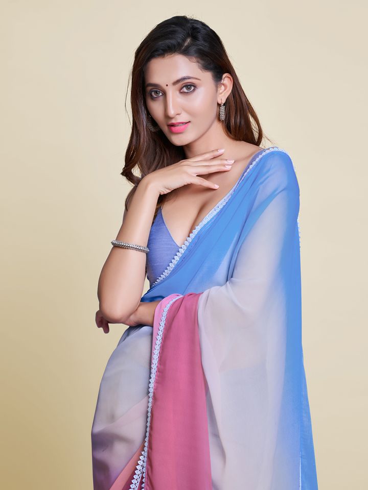 Buy Mitera Pink White Ombre Pure Chiffon Saree Sarees for
