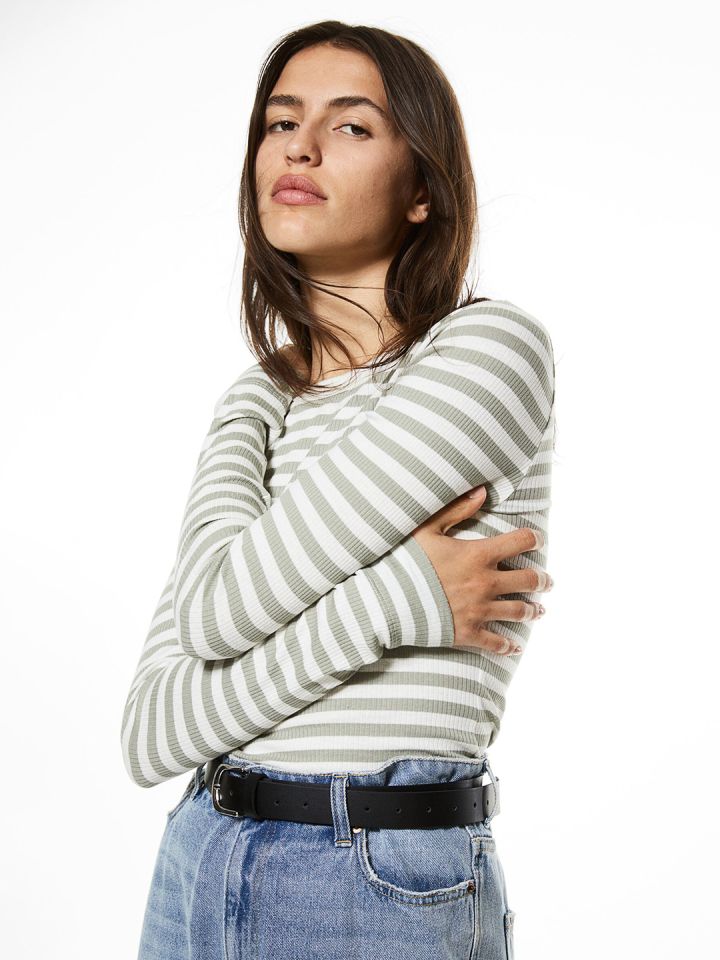 H&M Womens White Ribbed Modal-blend Long Sleeve Top