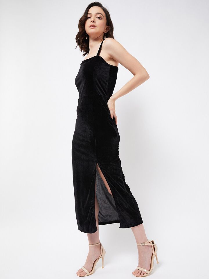 Buy COLOR CAPITAL Shoulder Strap Velvet Bodycon Dress Dresses