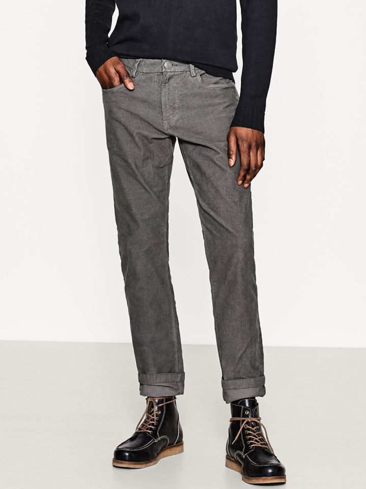 Regular Fit Plain Men Grey Corduroy Denim Jeans