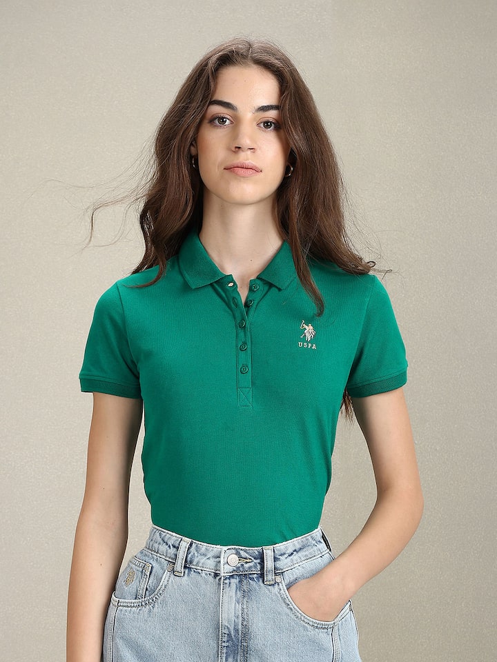 U.S. Polo Assn. 100% Cotton Button Collar Short Sleeve Women's