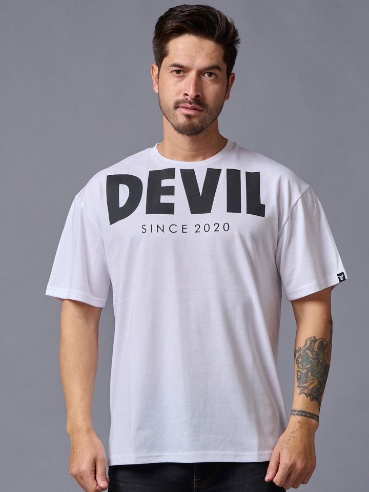 GO DEVIL Typography Printed Oversized Pure Cotton T shirt