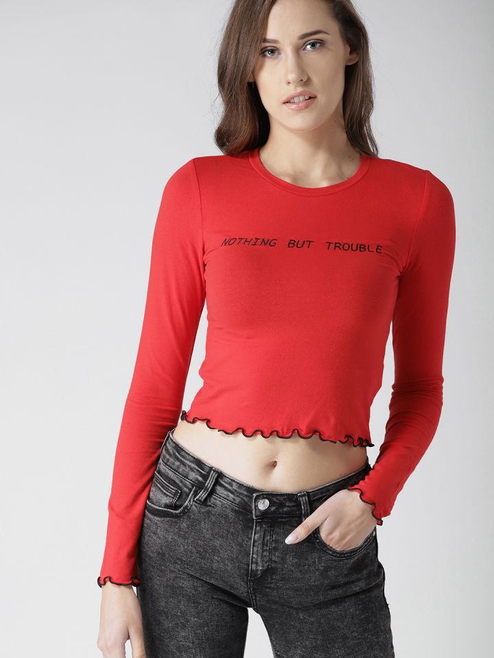 FOREVER 21 Women Red Solid Fitted Crop Top