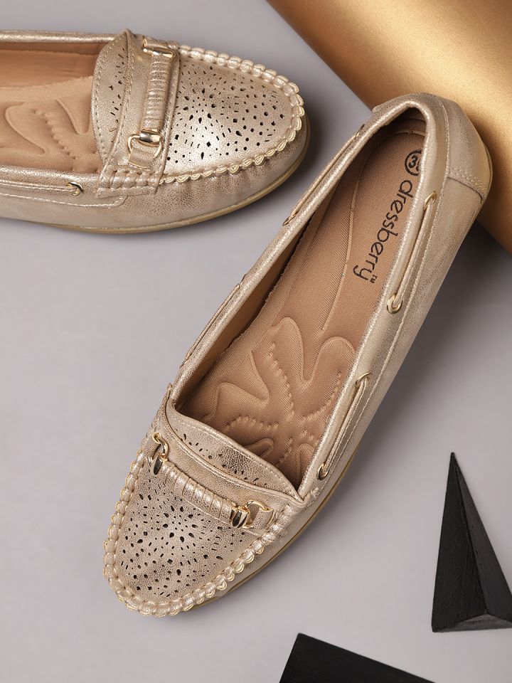 Buy DressBerry Women Gold Toned Loafers With Laser Cut Detail