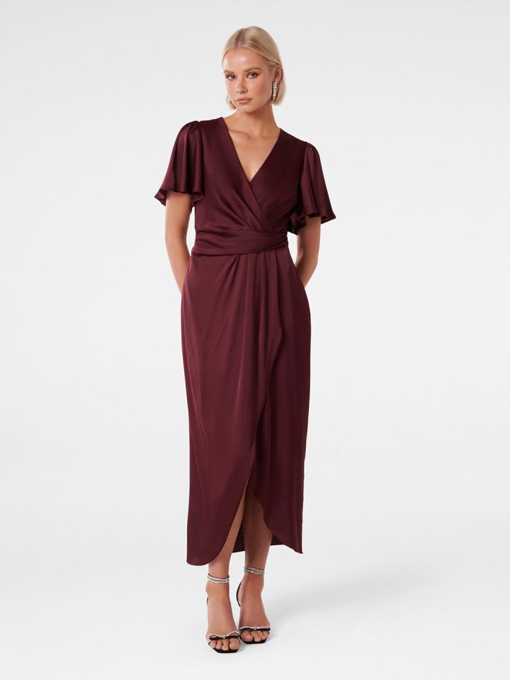 Forever New V Neck Flared Sleeve Satin Midi Wrap Dress