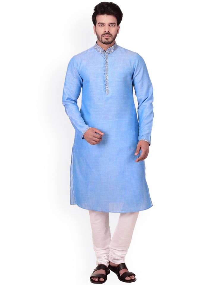Buy Manyavar Men Blue Off White Self Design Kurta With Churidar Kurta Sets For Men 2438932 Myntra Cotton kurta for men | red pure cotton handloom kurta for. manyavar men blue off white self design kurta with churidar