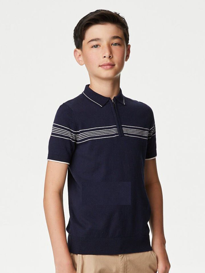 Marks Spencer Boys Striped Polo Collar Cotton T shirt