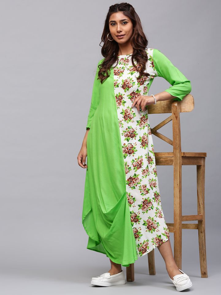 AKS Women Green Off White Floral Print Maxi Dress