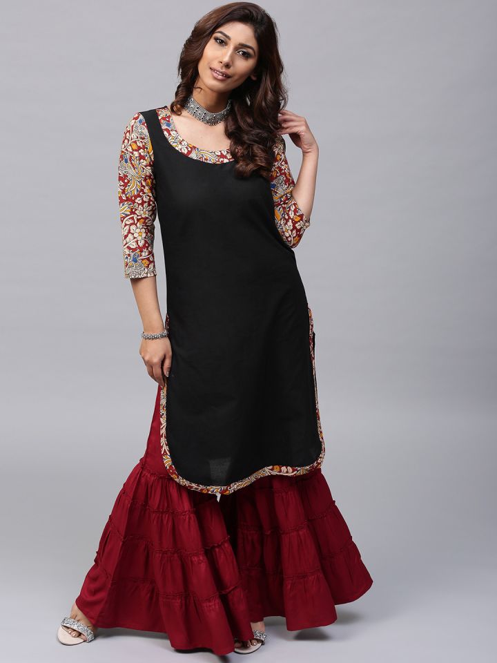 Aks women black cheap solid straight kurta