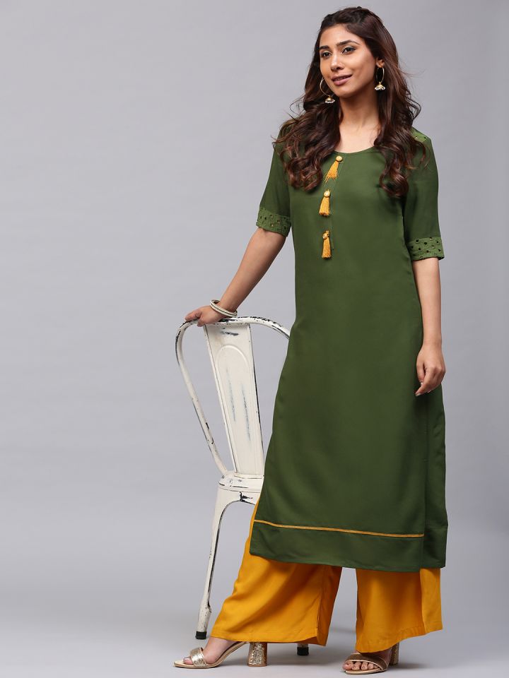 Buy AKS Women Olive Green Solid Straight Kurta With Tassels