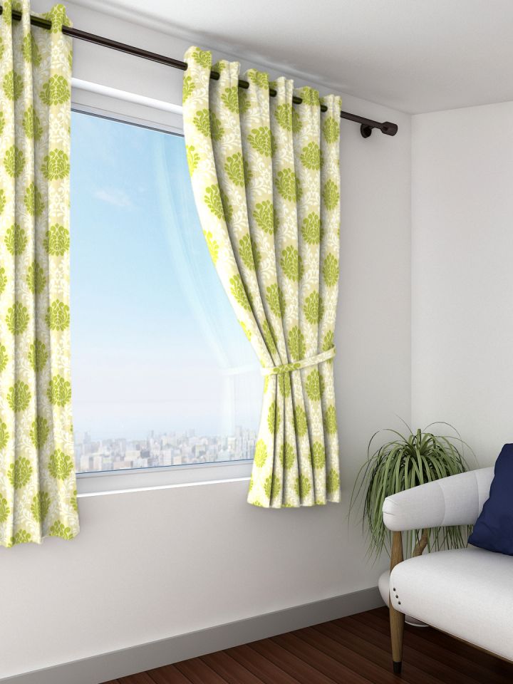 Skipper Furnishings Cream Coloured & Green Self Design Single Window Curtain Skipper Furnishings Cream Coloured Green Set of Single Window Curtains 1