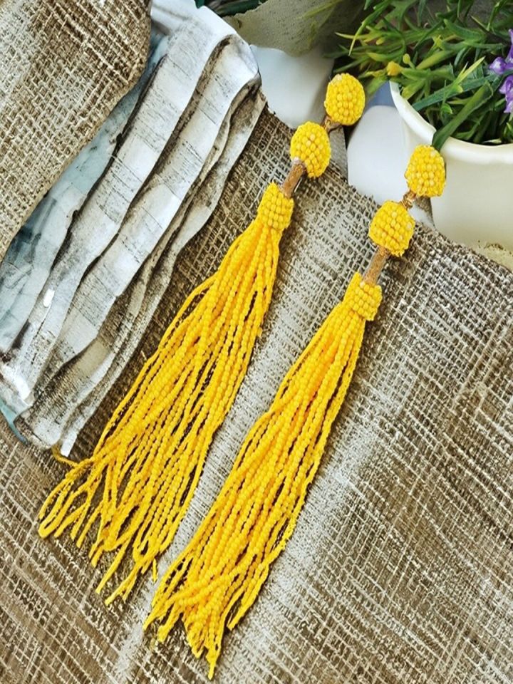 Yellow beaded tassel earrings deals
