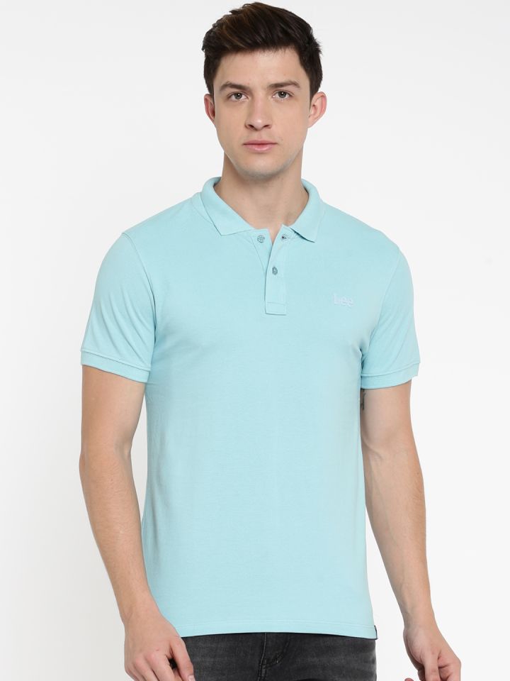 Buy Lee Men Blue Solid Polo Collar Pure Cotton T Shirt - Tshirts
