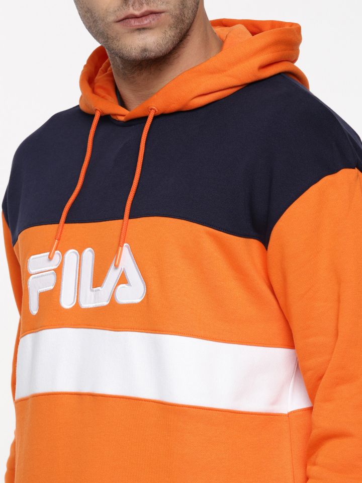 FILA Men Orange Navy Colourblocked Hooded Sweatshirt