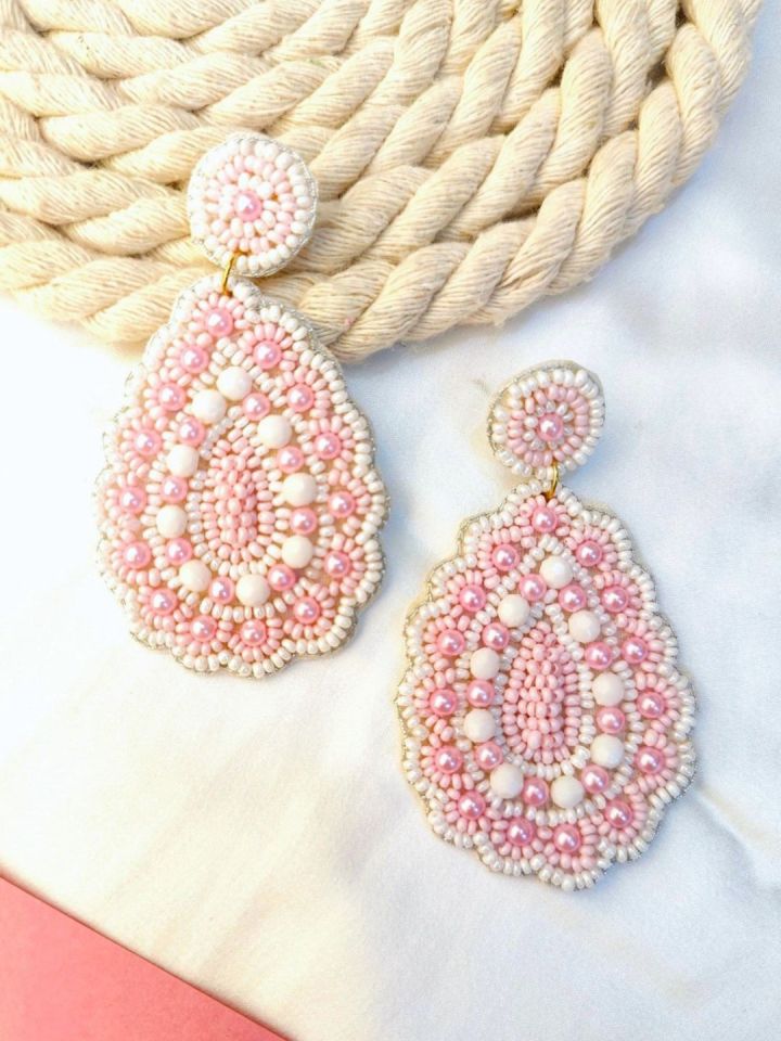 PINK COLOR STUD BOHO EARRINGS WITH PINK BEADS 