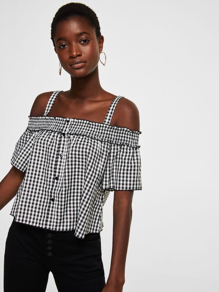 Buy MANGO Women Black White Checked Bardot Top Tops for Women